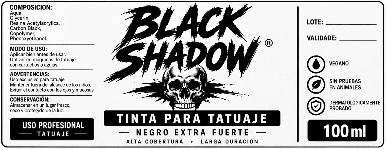 Black Shadow tattoo ink label, Extra Strong Black